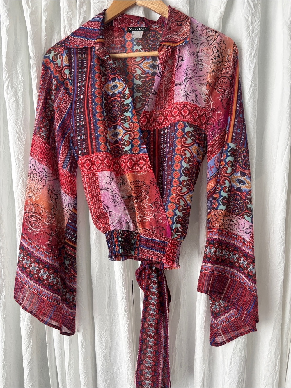 VENUS Red Pink Paisley Patchwork Tie-Front Blouse